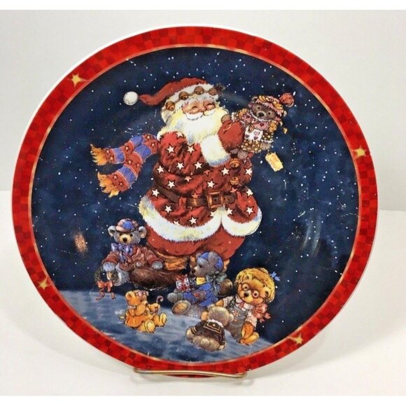 Santa Claus Christmas Cake Plate w Server Holiday Party Platter Teddy Bear Toy - Picture 4 of 8